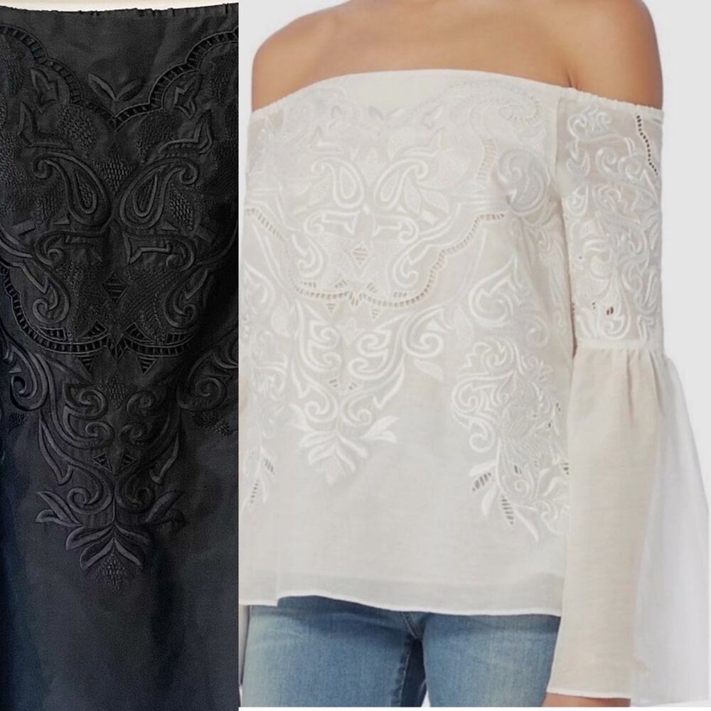 Intermix Aaron Black Embroidered Off the Shoulder Silk Bell Sleeve Top L